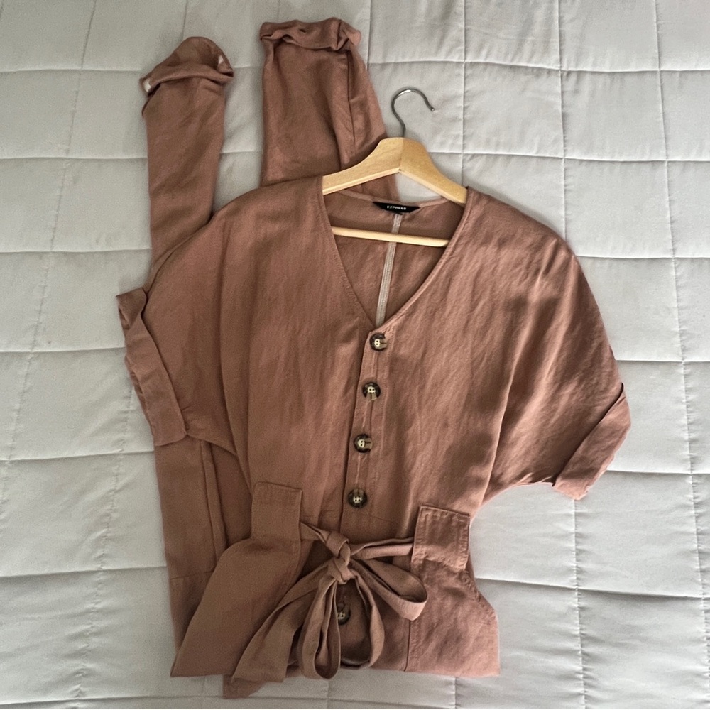 Express Linen Blend Tie Waist Jumpsuit XXS